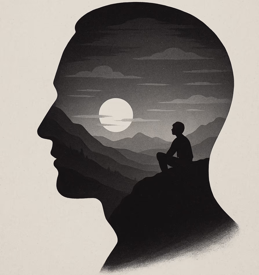 A profile silhouette of a head filled with a moonlit mountain landscape, where a small figure sits alone on a rock
